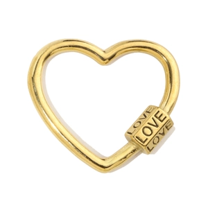 Golden heart-shaped carabiner jewelry clasp with LOVE engraving and screw lock closure