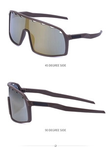 Detailed side views of cycling sunglasses with coffee frames and golden mirror lenses