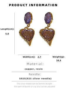 Detail view of purple resin heart earrings with copper frame, S925 silver needles
