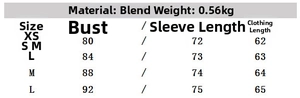 Detailed size chart for women's soft jacket showing bust, sleeve, and length measurements