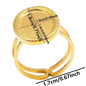Detailed dimension guide for adjustable gold geometric oval ring with radial textured disc