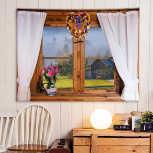 Detailed view of nature scene wall tapestry featuring heart wreath and floral window decor