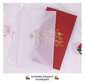 Detail of red Christmas card with gold foil Merry Christmas text and translucent envelope