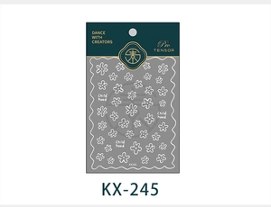 Detailed view of KX-245 5D nail art stickers with white floral and text designs