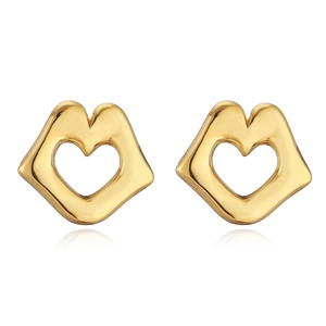 Close-up of minimalist hollow heart-shaped gold studs with a smooth metallic finish
