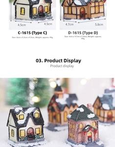 Detailed macro view of miniature Christmas snow house figurines with warm LED light effect