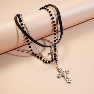Gothic multilayer necklace with black leather, beads and silver cross pendant