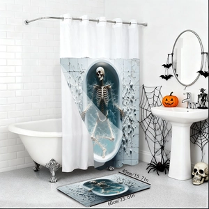 Dettaglio della tenda doccia e tappeto Halloween con stampa 3D di scheletro in bagno