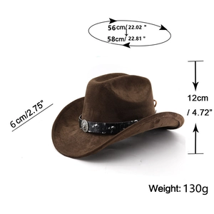 Detailed size chart for dark brown suede western cowboy hat with silver badge and band
