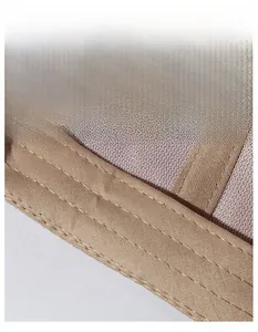 Detail of widened sweatband on khaki baseball cap with breathable mesh inner lining