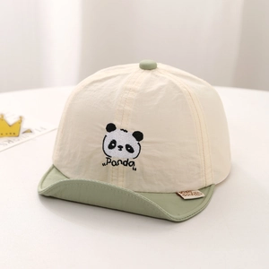 Detail of baby sun hat with cute panda embroidery and bicolour soft brim design