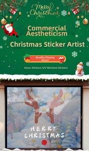 Detail of red reindeer silhouette window sticker with UV printed Merry Christmas text