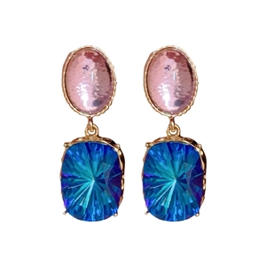 Vintage gold earrings with pink and blue oval crystals on a clean white background