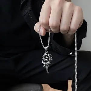 Punk silver phoenix flame pendant necklace in titanium steel with intricate tribal texture