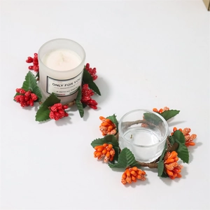 Halloween and Thanksgiving berry candle ring with orange and red pip berries and glass holder