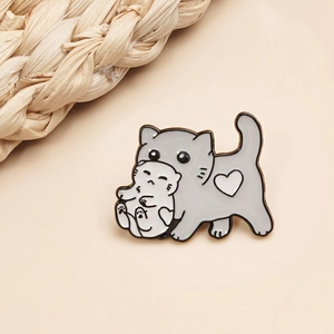 Cute gray and white cat enamel pin featuring a mother cat holding a kitten with heart patterns