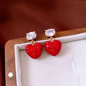 Boucles D'oreilles Pendantes Coeur Rouge Avec Strass Zirconium Cuivre Doré Tige En Argent Mode Bijoux Pour Femmes