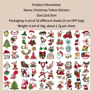 Set of 10 Christmas temporary tattoos featuring Santa, reindeer, and snowflakes 12x6.8cm