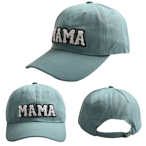 Three-view detail of blue cotton baseball cap with MAMA chenille embroidery and metal buckle