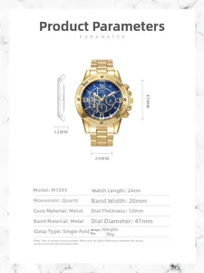 Product specifications and size details of luxury gold men's quartz watch with blue dial