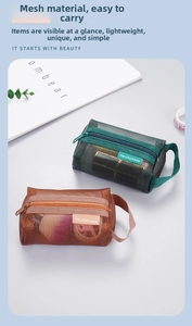 Detail view of mesh storage pouches in dark green and brown with double zippers