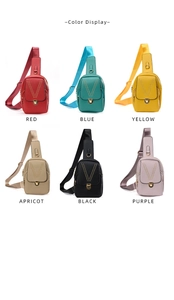 Color display of rivet chest bags in red blue yellow apricot black and purple