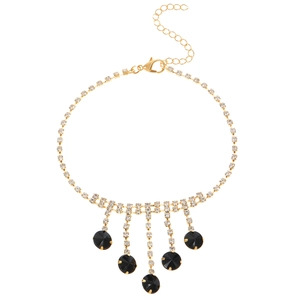 Bohemian gold choker necklace with sparkling rhinestones and black round stone pendants