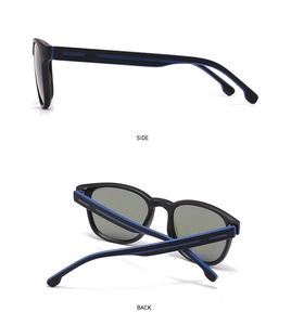 Detail view of classic polarized sunglasses with textured blue and black temples