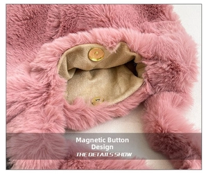 Close-up of the golden magnetic snap closure on a pink plush faux fur handbag