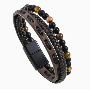 Multi-layer men's leather bracelet with tiger eye beads and black magnetic metal clasp