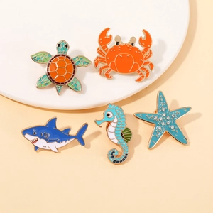 Cute Ocean Animal Enamel Brooches Sea Turtle Crab Shark Seahorse Starfish Alloy Rhinestone Badges For Bags Clothes Jewelry