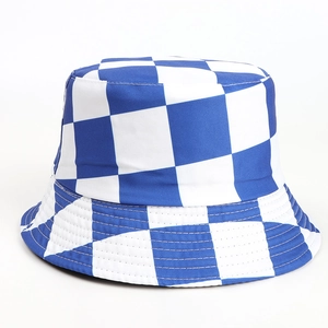 Detail showing the blue and white checkerboard pattern and stitching on the bucket hat