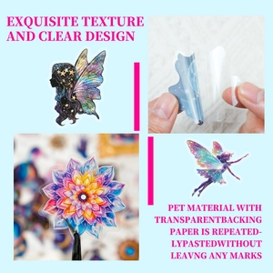 Macro detail of transparent PET stickers showing fairy patterns and non-marking adhesive