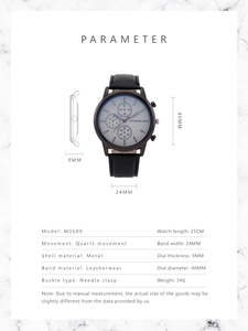 Detailed technical specifications and dimensions of the fashion leather quartz men's watch
