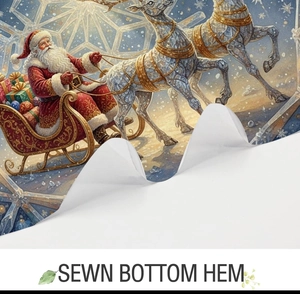 Detail of the sewn bottom hem on a Christmas fabric curtain with Santa and reindeer