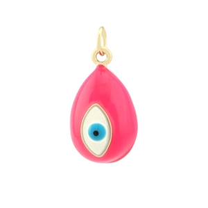 Detail view of pink enamel evil eye pendant with gold clasp in a teardrop shape
