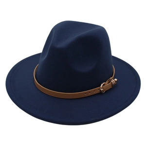 Classic navy blue wide brim fedora hat with brown leather band and gold metal buckle