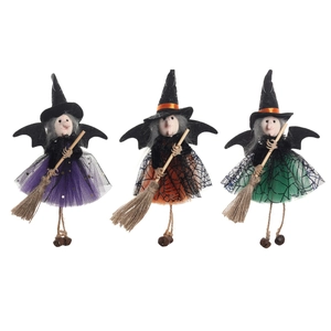 Halloween witch hanging dolls set with broomsticks in purple, orange and green colors