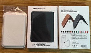 Macro detail of PU leather MagSafe card holder with stitching and retail packaging