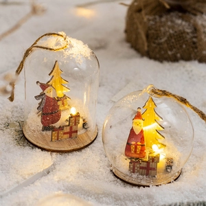 Christmas Glass Dome Ornament With LED Light Luminous Wood Base Hanging Pendant Night Light Desktop Festive Decor