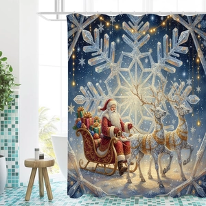 Waterproof polyester Christmas shower curtain featuring Santa, reindeer, and snowflakes