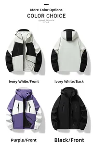 Outdoor softshell jacket color options in ivory, purple, and black with hooded design