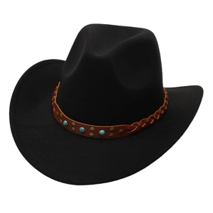 Chapeau de cowboy en feutre noir avec pierres turquoise et ruban en cuir tressé