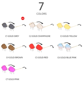 Cloud-shaped rimless sunglasses featuring lightning pendants shown in seven vibrant colors