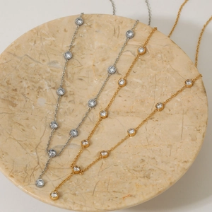 Minimalist gold and silver stainless steel station necklaces with zircon stones