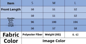 Detailed size chart for long sleeve sweatshirt showing measurements for S, M, and L sizes
