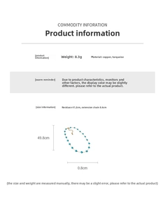 Detailed sizing chart for turquoise heart bead necklace with 41.2cm length and 8.6cm extender