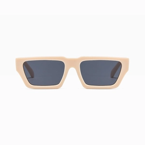 Front view of beige rectangular narrow frame sunglasses with dark grey resin lenses