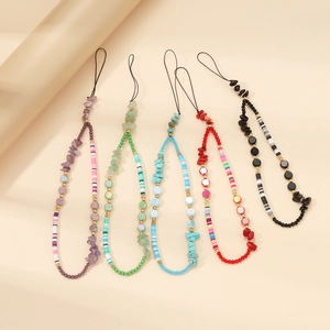 Five-piece set of handmade beaded phone straps in colorful stones and acrylic beads