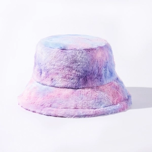 Close-up of thick plush tie-dye bucket hat in pink purple and blue winter faux fur texture